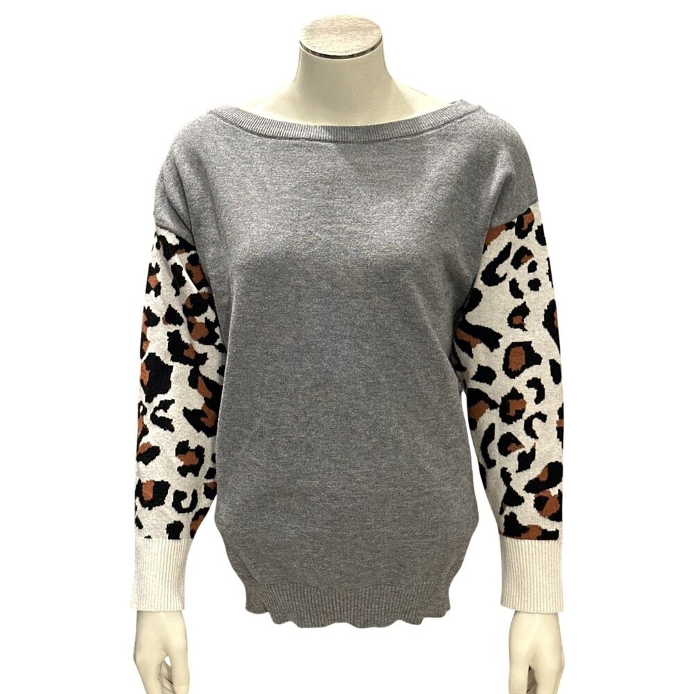CCC Gray Leopard Print Sleeve Sweatshirt Size Medium Polyester Cotton Blend